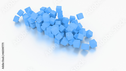 Geometric cubes in color. Blue cubes on white background. Art and color concept. 3D rendering illustration.