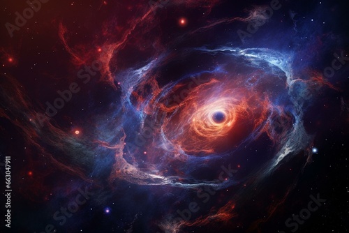 Cosmic view with planetary nebulae and a deep space black hole, providing abstract background illumination. Generative AI