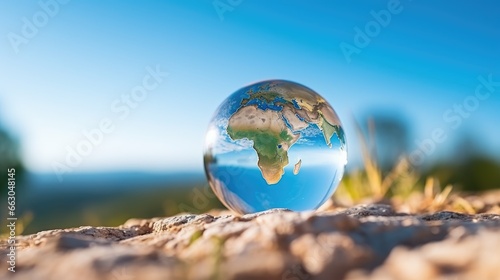 Globe in Nature: A Transparent Glass Sphere Holding Planet Earth Gently Placed Amidst Nature's Beauty, Reflecting Sunlight, Offering Ample Copy Space.