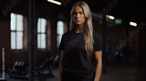Young beautiful blonde woman posing at the gym in a sports black t-shirt