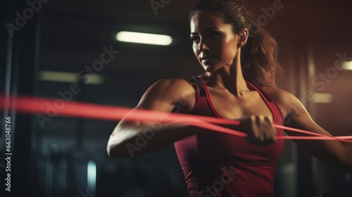 A woman utilizing a resistance band, captured in a moment of strength as she stretches the band, readying for the next rep.