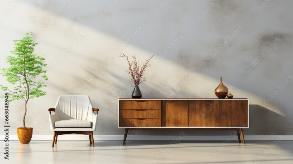 Obraz premium Modern Living Room with Wooden Cabinet, Dresser and vases: Scandinavian Elegance
