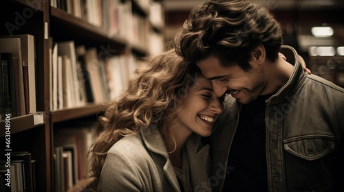 Young couple hugs each other in a library