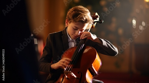 A solemn young boy seated, embracing a cello, eyes closed as he plays a somber tune, feeling every note.