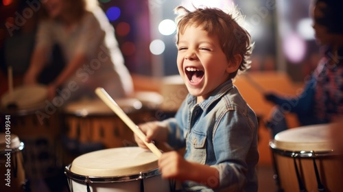 Foto A spirited child in a percussion class, laughing with joy as he strikes the drum with mallets