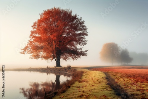 Misty morning autumn landscape featuring hdri trees with yellow and red leaves. Generative AI