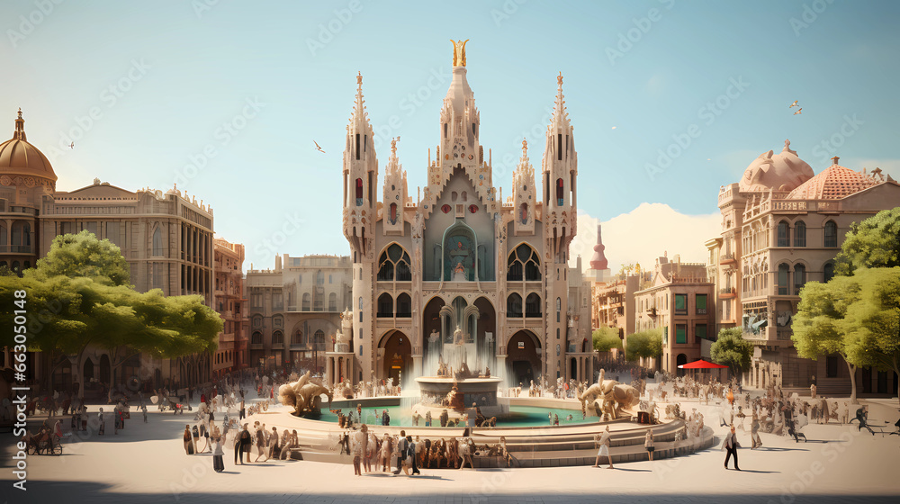 A scene of Barcelona's city square  - obrazy, fototapety, plakaty 