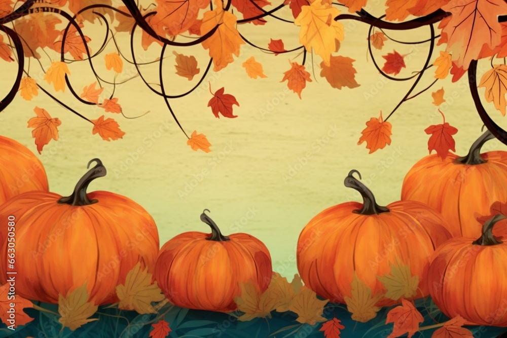 Fall banner featuring foliage and pumpkin. Seasonal scene with room for text. Generative AI