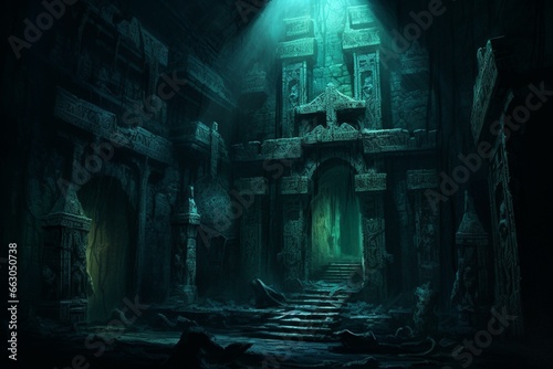 An eerie and ominous fantasy dungeon with ancient decrepit walls, cobwebs, and a haunting atmosphere. Generative AI