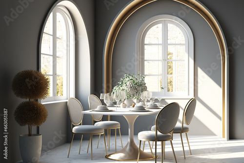 interior scene and mockup, The dining area has a sunlit arched window, marble table, and gray chairs. Generative AI
