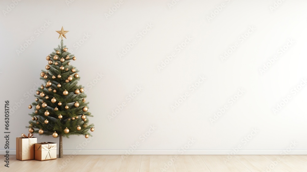 Christmas tree in living room on empty light white wall with copy space, generative ai Christmas tree in living room on empty light white wall with copy space, generative ai