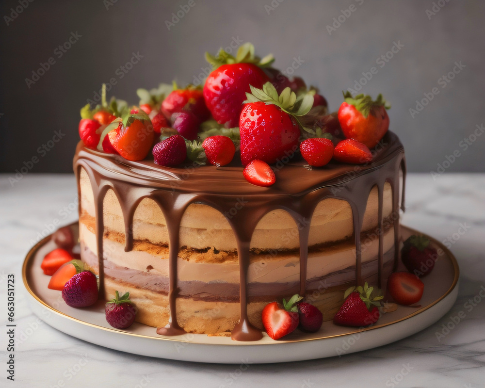Chocolate cake with chocolate covering inspired by French pastry, decorated with fruits on a golden plate in a kitchen Chocolate cake with chocolate covering inspired by French pastry, decorated with fruits on a golden plate in a kitchen