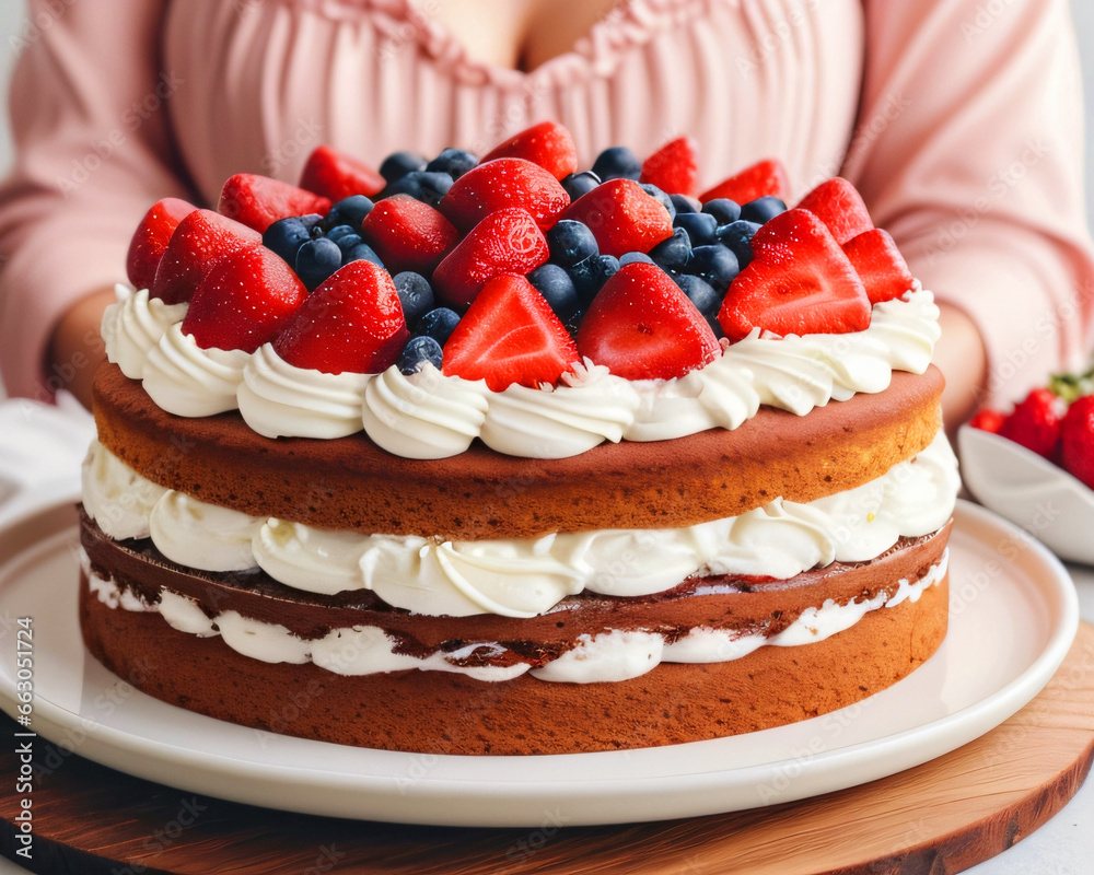 Three-layer cake filled with pastry cream, decorated with red berries, and served on a white plate ready for sale Three-layer cake filled with pastry cream, decorated with red berries, and served on a white plate ready for sale