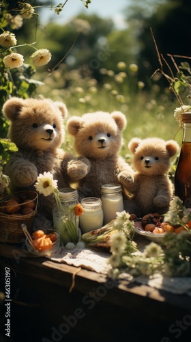 Wallpaper of Fluffy Teddy Bears Having a Picnic in a Sunny Meadow, Generative AI © Giantdesign