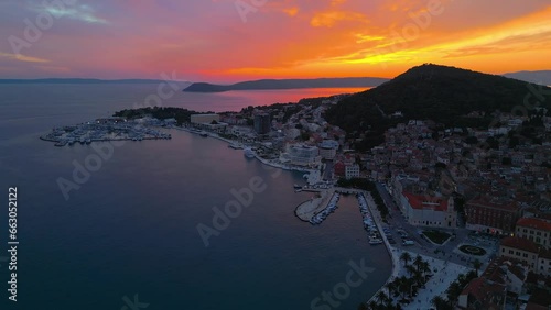 Aerial drone shot of Split, Croatia during sunset.