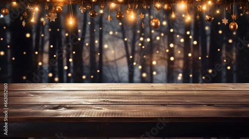 Festive Empty Wooden Table with Christmas Decorations