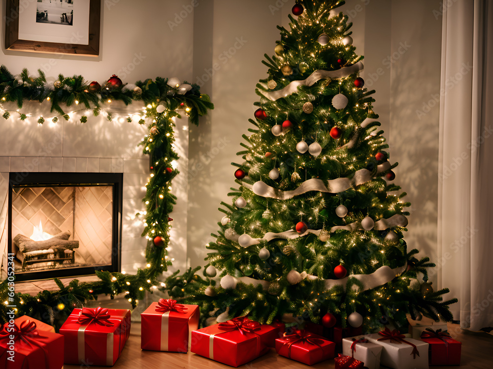 Christmas tree and fireplace