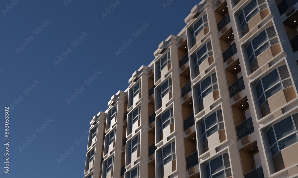 View of modern hotel building design render 3d architecture wallpaper background