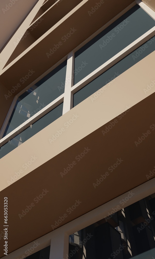 Fototapeta premium View of window modern hotel building render 3d architecture wallpaper background