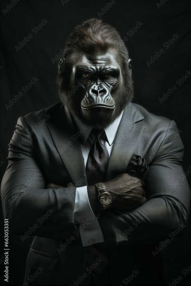 Portrait of a Successful Business Gorilla Businessman with Suit and Tie building Wealth Money Fortune Portrait of a Successful Business Gorilla Businessman with Suit and Tie building Wealth Money Fortune