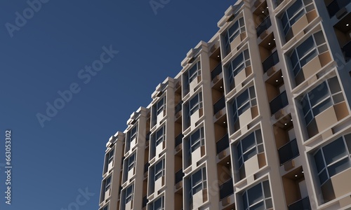 View of modern hotel building design render 3d architecture wallpaper background