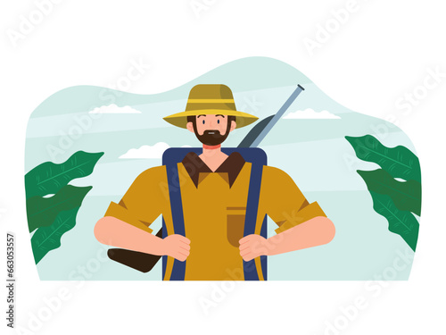 People are ready to hunt. Hunter vector illustration.