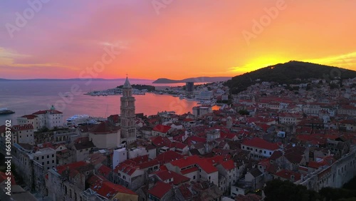 Aerial drone shot of Split, Croatia during sunset.