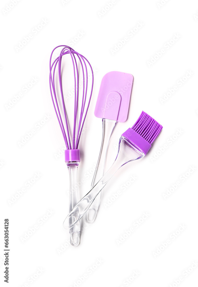 Pastry brush, whisk and spatula isolated on white background