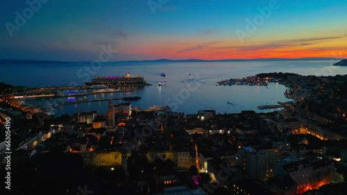 Aerial drone shot of Split, Croatia at night. 