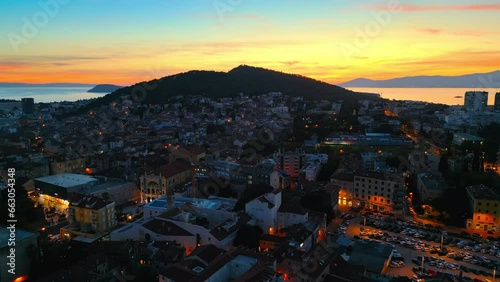 Aerial drone shot of Split, Croatia at night. 