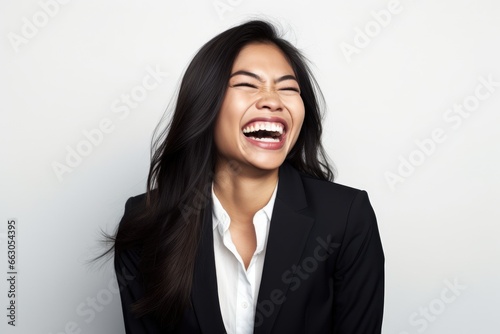 Photo of an Asian businesswoman having a hearty laugh in front of a white background