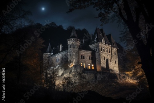 spooky castle at night. Generative AI