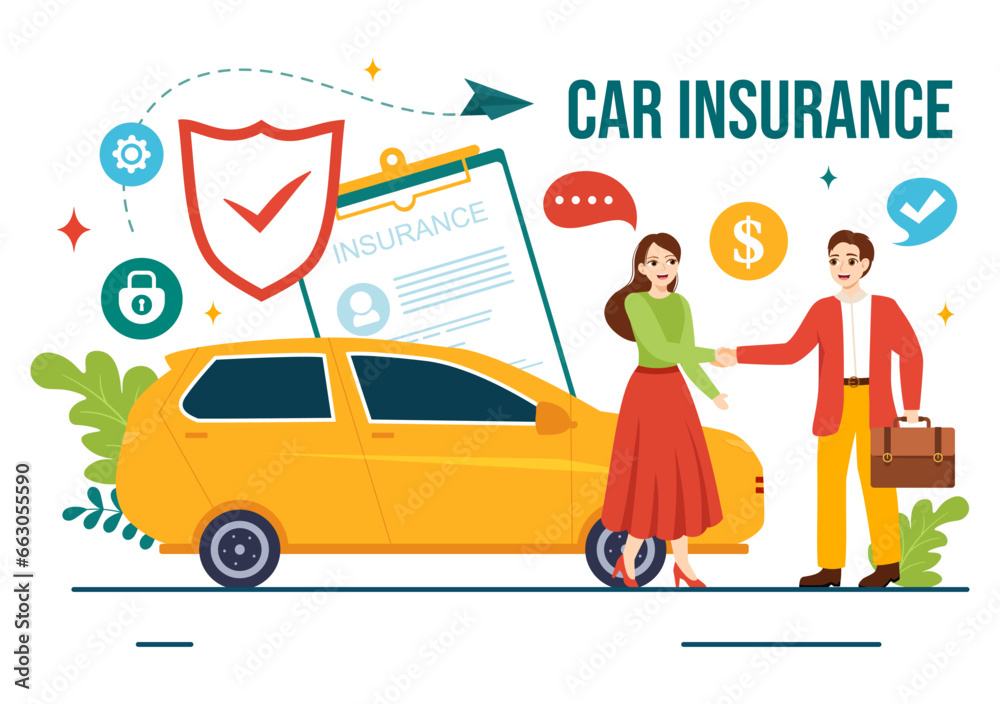 Car Insurance Vector Illustration for Protection For Vehicle Damage And Emergency Risks with Form Document and Cars in Flat Cartoon Background