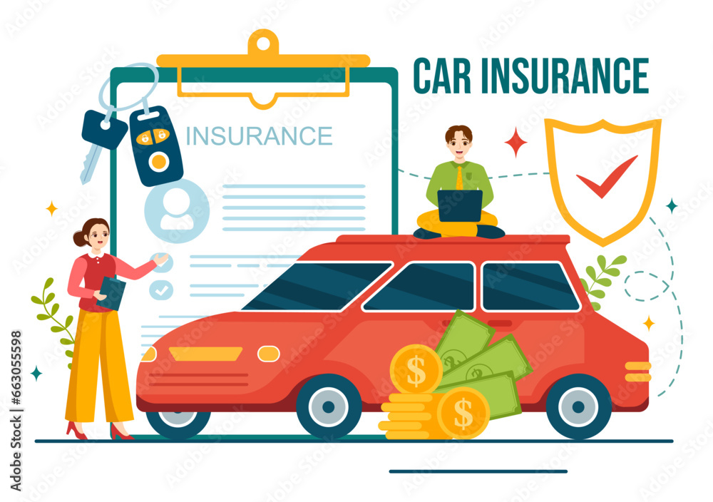 Car Insurance Vector Illustration for Protection For Vehicle Damage And Emergency Risks with Form Document and Cars in Flat Cartoon Background Car Insurance Vector Illustration for Protection For Vehicle Damage And Emergency Risks with Form Document and Cars in Flat Cartoon Background