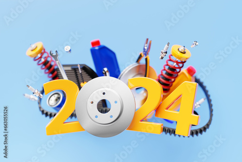 3d illustration design happy new year 2024 with auto parts for auto mechanic service concept isolated on blue background.