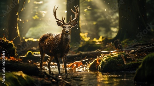A wild deer in a stream deep in the forest