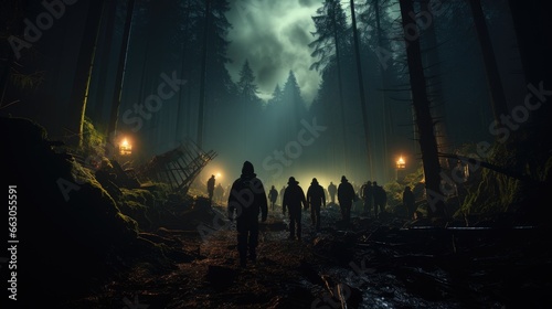 A group of climbers trekking deep into the forest photo