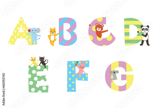かわいい動物とアルファベット　ABCDEFG