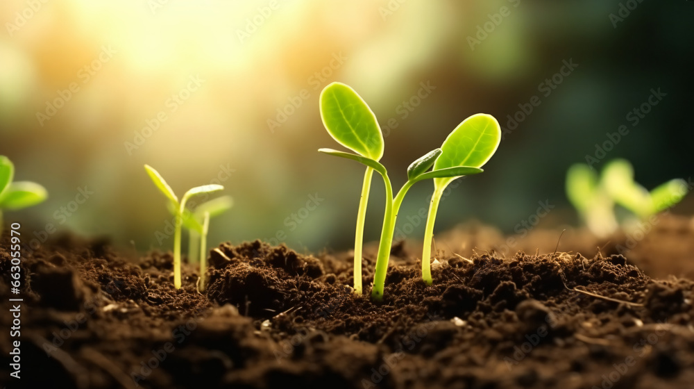 young bean seedlings in the ground - obrazy, fototapety, plakaty 
