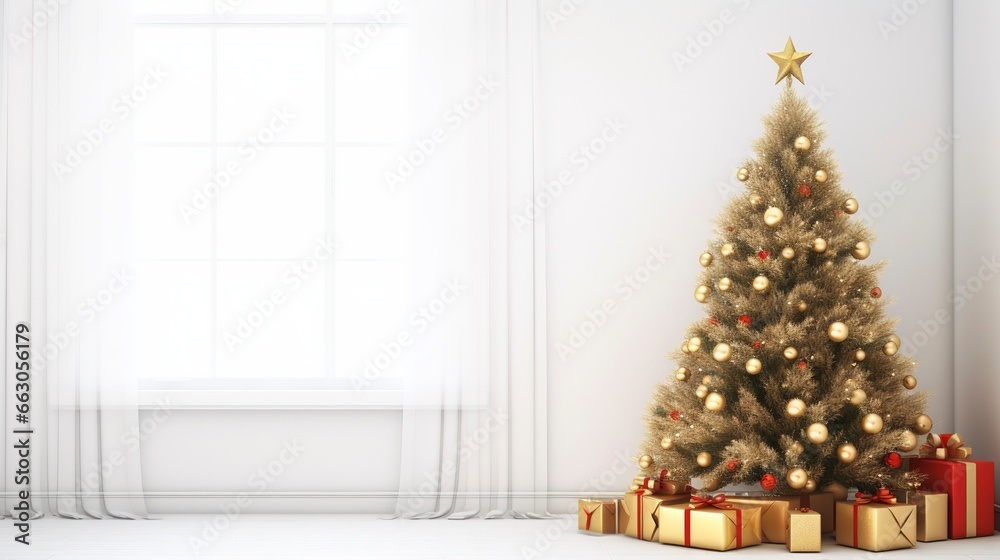 Christmas tree in living room on empty light white wall with copy space, generative ai Christmas tree in living room on empty light white wall with copy space, generative ai