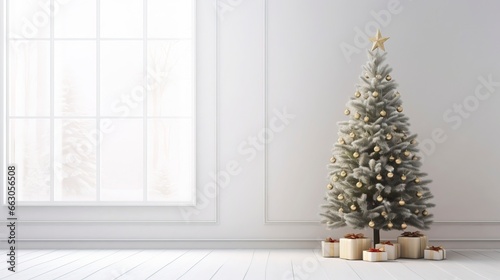Christmas tree in living room on empty light white wall with copy space, generative ai © Nia™