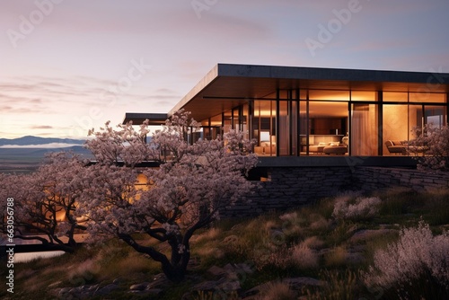 A stunning two-level residence lies on a rugged field surrounded by blooming blossoms. Generative AI