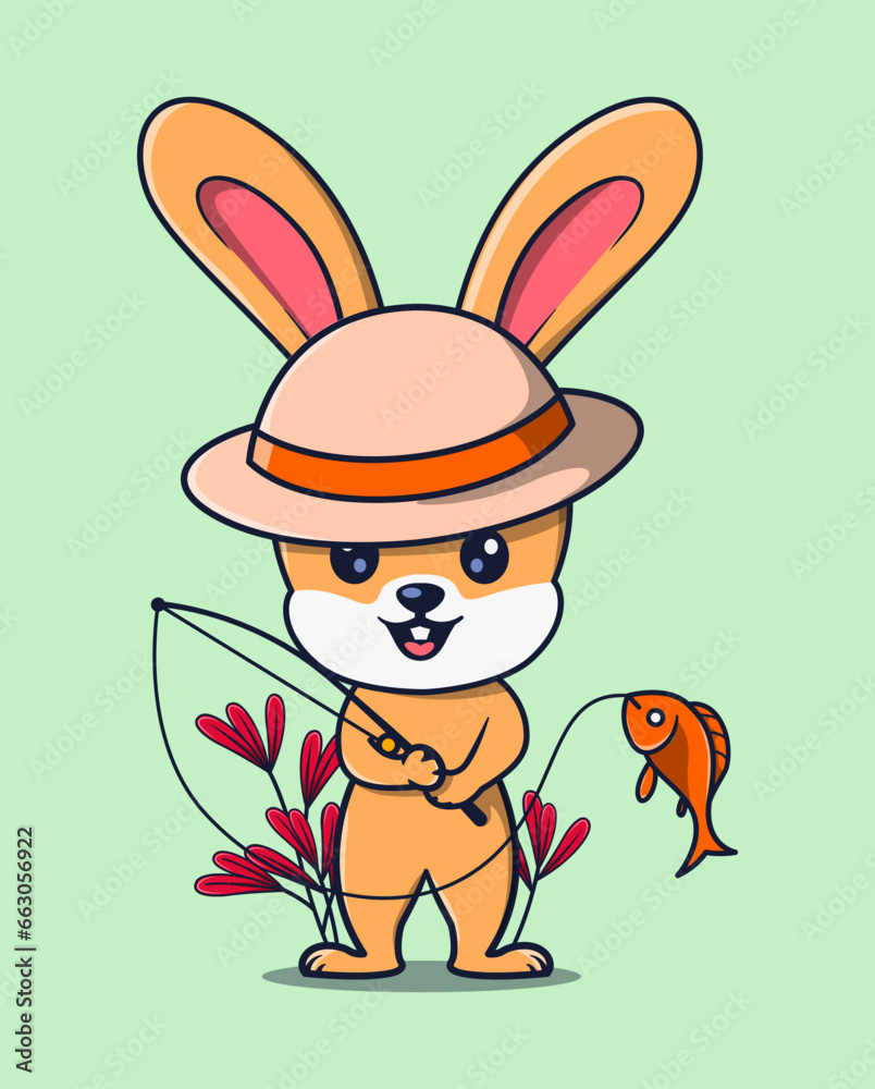 Obraz premium vector illustration of a rabbit in a hat catching a fish with a fishing rod. animal icon concept