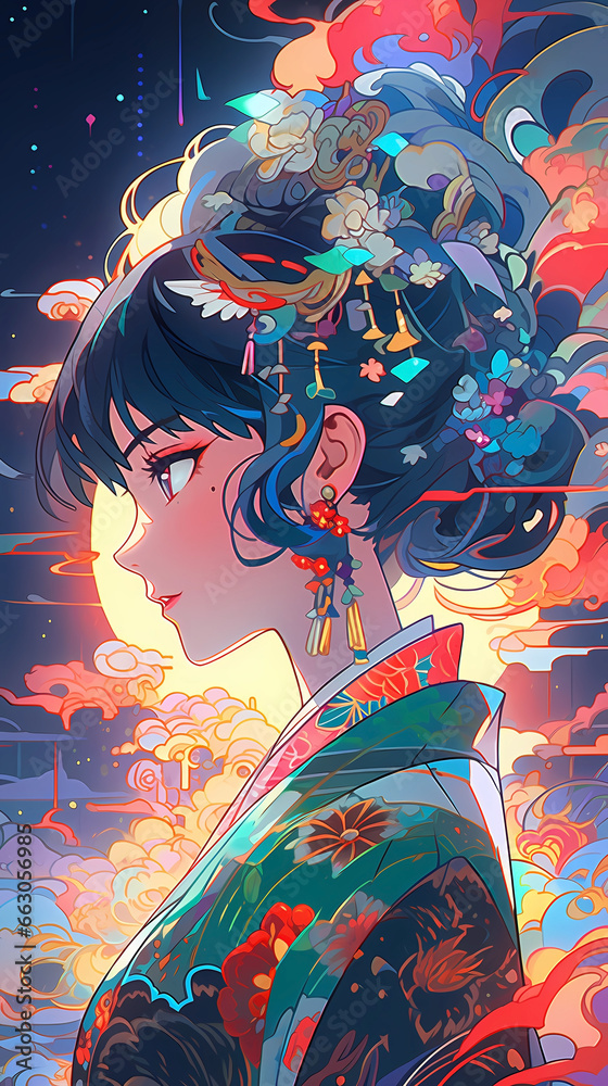 Obraz premium Hand-drawn cartoon animation of beautiful Chinese costume girl illustration 