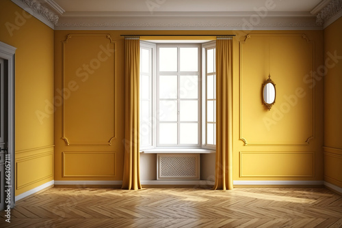 Unoccupied room with a drab yellow wall  a herringbone-patterned wooden floor  and two old windows. illustration. Generative AI