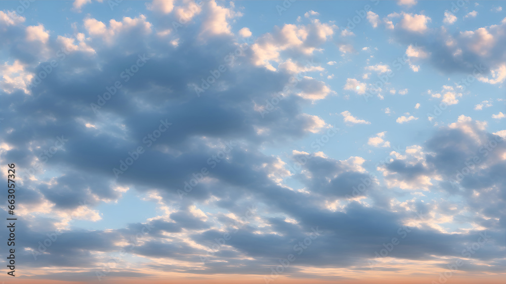 A cloudy sky. Beautiful clouds early in the morning. Cloudscape in horizontal format. Generative AI