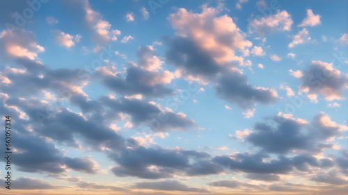 A cloudy sky. Beautiful clouds early in the morning. Cloudscape in horizontal format. Generative AI