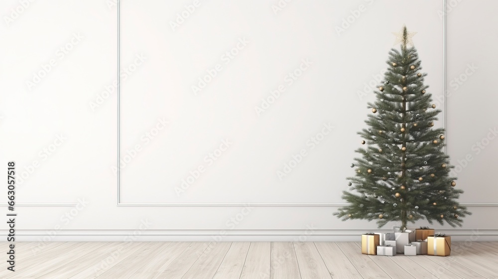 Christmas tree in living room on empty light white wall with copy space, generative ai Christmas tree in living room on empty light white wall with copy space, generative ai