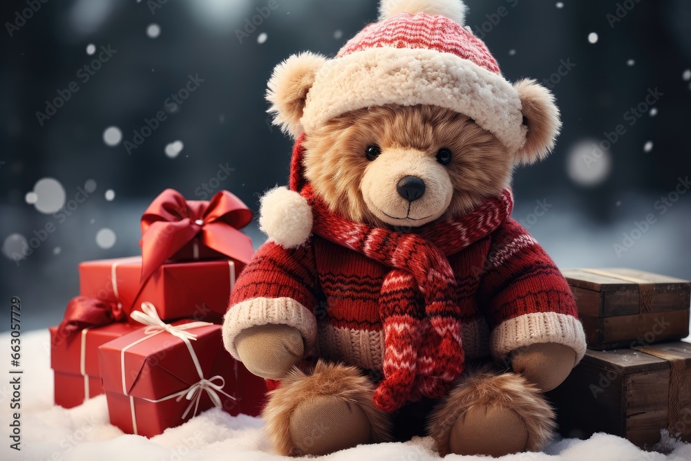A teddy bear, dressed warmly in red attire, sits beside red-wrapped presents against a snowy background, creating a cozy and festive scene. Photorealistic illustration