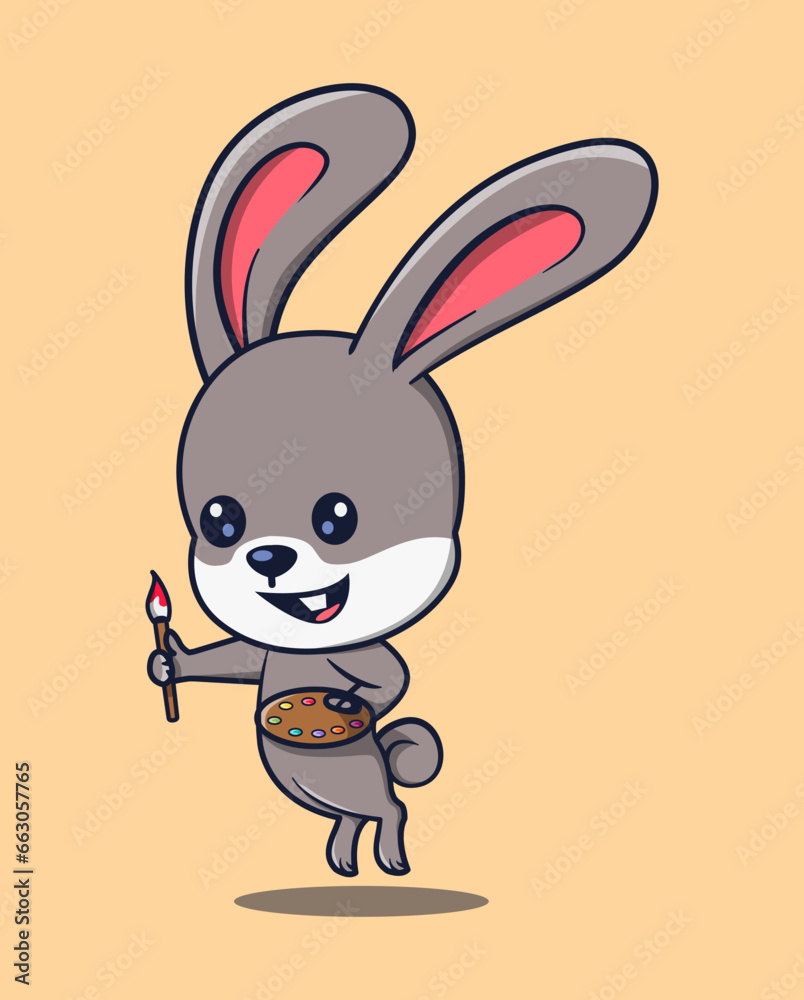 vector illustration of a painter rabbit animal jumping while holding a stationery. plants surrounding animals icon concept vector illustration of a painter rabbit animal jumping while holding a stationery. plants surrounding animals icon concept